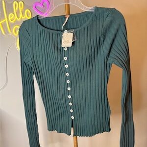 Free People Teal Ribbed Button-Down Shirt